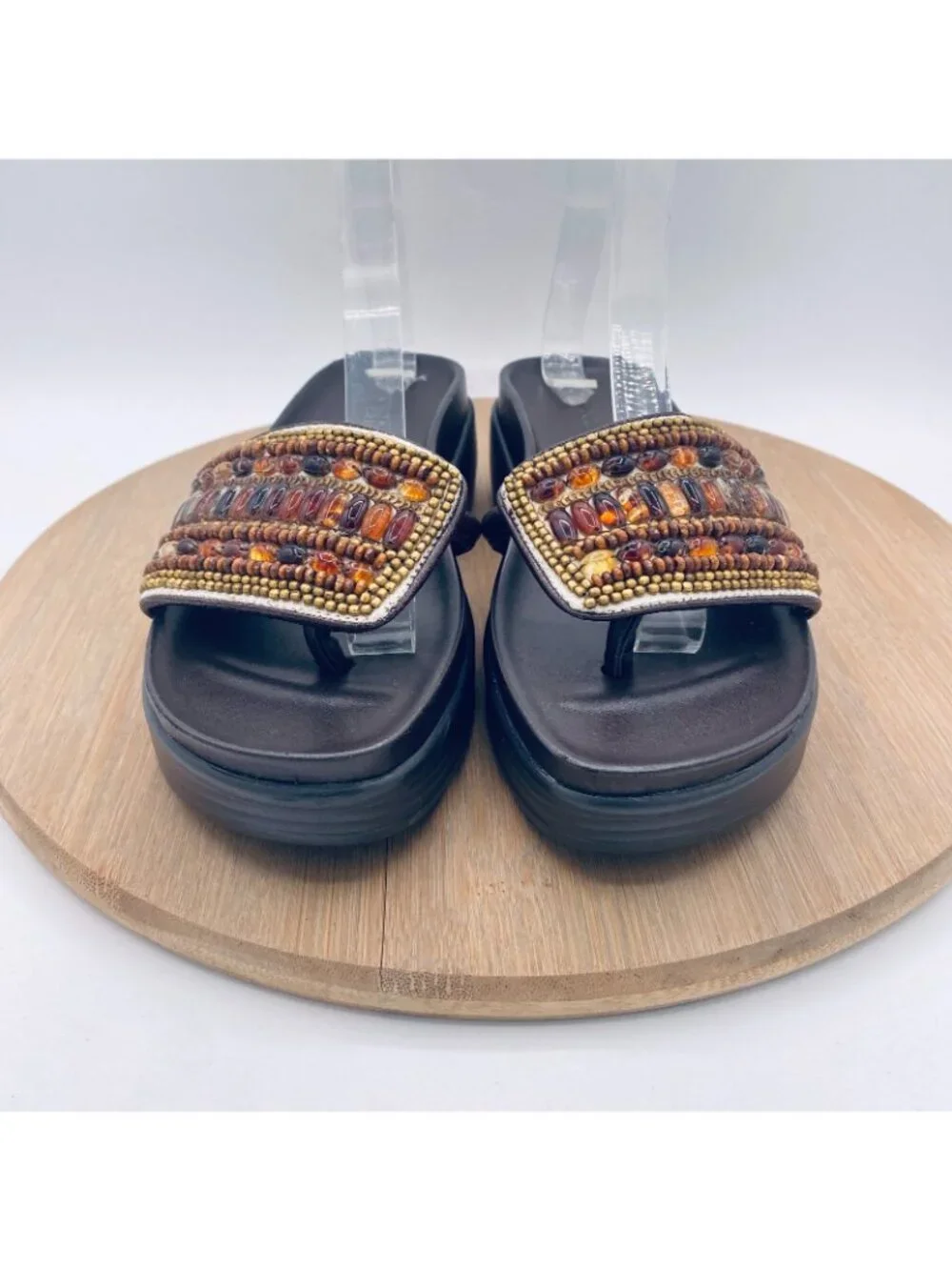 Donald Pliner Sandals Womens 6 Brown Leather Beaded Slides Luxury Italy